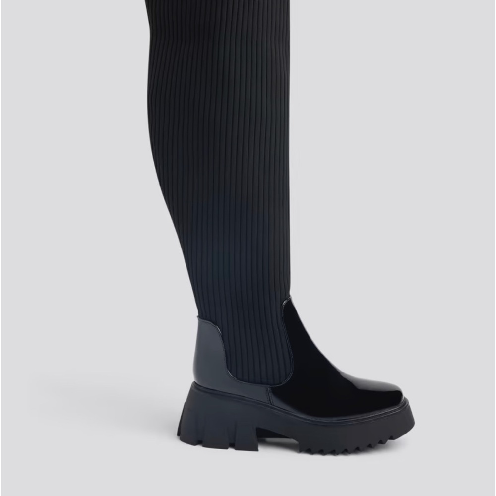 Thigh high cloth and patent boots (large spandex leg shaft) Will fit larger calf